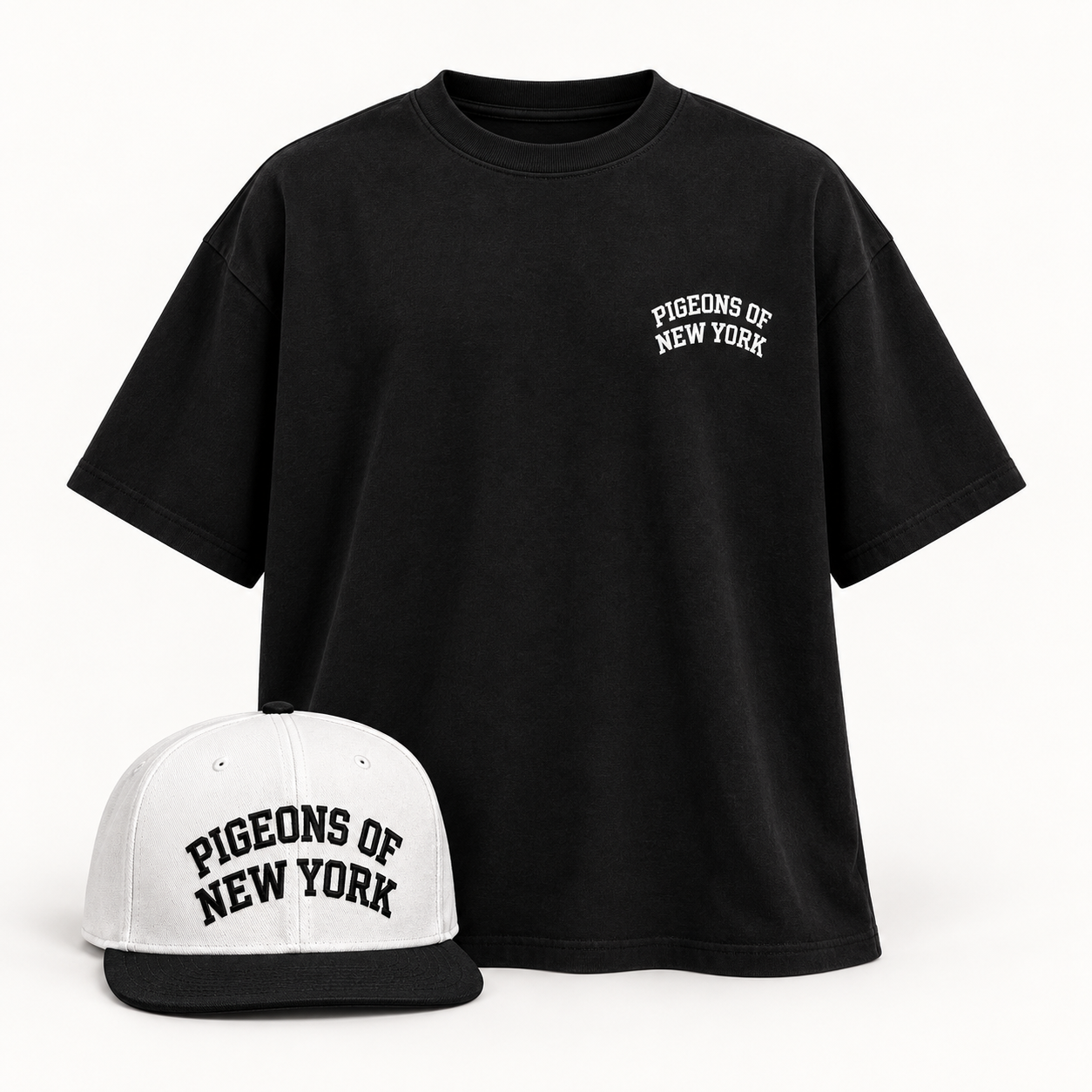 Signature Pigeon Tee and Pigeons of New York hat product render